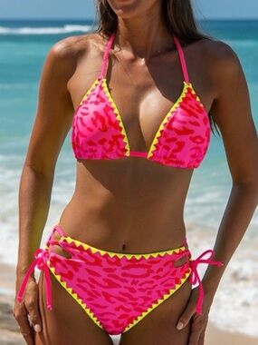 Popvil Neon Pink Leopard lace up Tie-Side Bikini High Waisted NWT size small